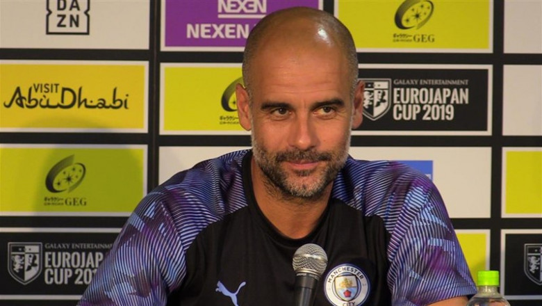 26 July 2019, Japan, Yokohama: Manchester City manager Pep Guardiola attends a press conference at the Nissan Stadium. Photo: Andy Hampson/PA Wire/dpa | Andy Hampson/PA Wire/dpa ep 26 july 2019 japan yokohama manchester city manager pep guardiola attendspress conference at the nissan stadium photo andy hampsonpa wiredpa