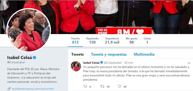 ep tuit de la portavoz del gobierno en funciones isabel celaa