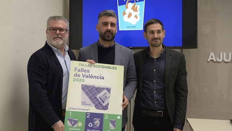 El vicealcalde de València y concejal de Ecología Urbana, Sergi Campillo, y el presidente de la Junta Central Fallera y concejal de Cultura Festiva, Pere Fuset, presentan los vasos reutilizables que se repartirán en Fallas | AYUNTAMIENTO VALÈNCIA ep el vicealcalde de valncia y concejal de ecologia urbana sergi campillo y el presidente de la