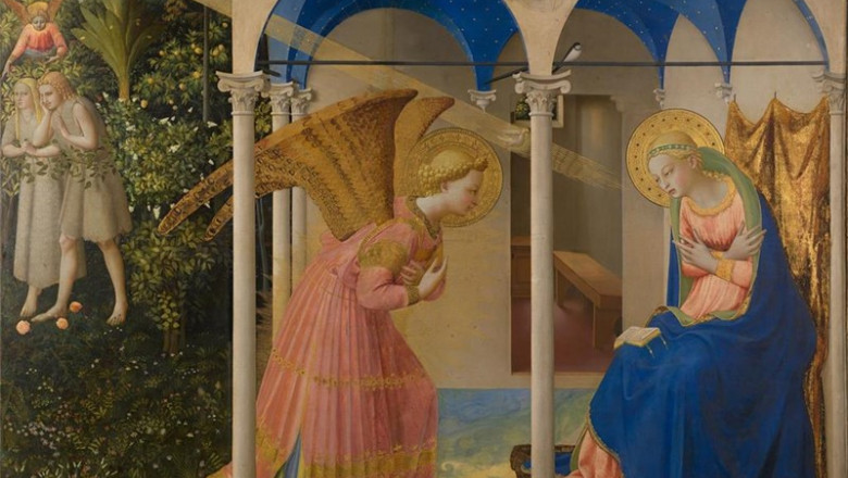 La Anunciación y la expulsión de Adán y Eva del jardín del Edén (antes de la restauración) FRA ANGELICO Temple y oro sobre tabla, 190,3 x 191,5 cm; 162,3 x 191,5 cm c. 1425-26 Madrid, Museo Nacional del Prado | MUSEO NACIONAL DEL PRADO - Archivo ep la anunciacion y la expulsion de adan y eva del jardin del eden antes de la restauracion fra