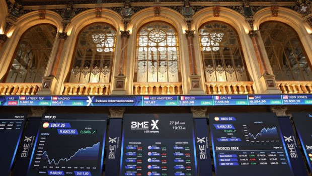 ep un panel del ibex 35 en el palacio de la bolsa a 27 de julio de 2023 en madrid espana el ibex 35