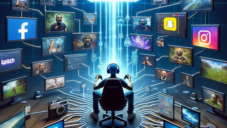 dalle 2024 02 06 132801   a conceptual representation of a streamers digital ecosystem where a single gaming session on twitch is being transformed into multiple content piec