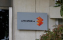 ep letras y logo de atresmedia en la entrada al edificio de la sede del grupo de comunicacion