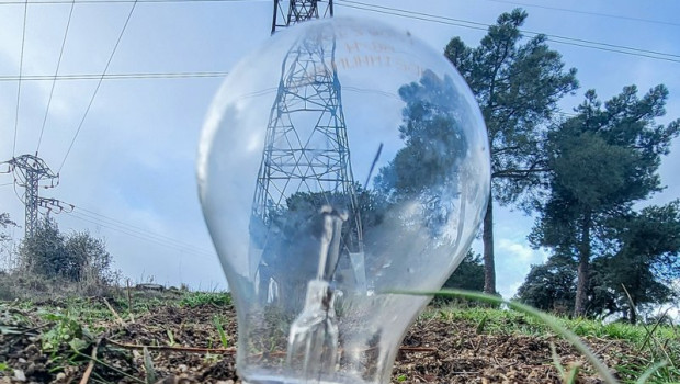 ep archivo   una bombilla clavada el cesped delante de una torre de energia electrica