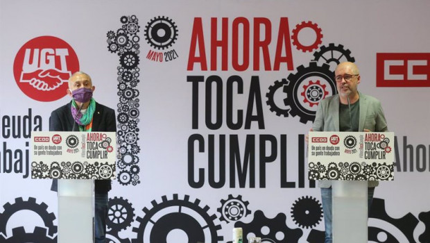 ep el secretario general de ugt pepe alvarez i y el secretario general de ccoo unai sordo d