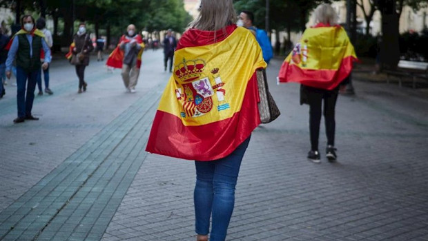 ep varias personas asisten con banderas de espana a una concentracion contra la gestion del gobierno