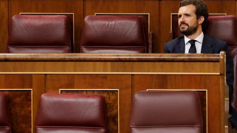 El líder del Partido Popular, Pablo Casado, asiste a la primera sesión de control al Ejecutivo celebrada en el Congreso desde que se declaró el estado de alarma el pasado 14 de marzo | Pool ep el lider del partido popular pablo casado asiste a la primera sesion de control al ejecutivo
