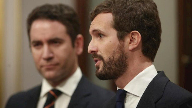 ep el presidente del partido popular pablo casado en rueda de prensa junto al secretario general del