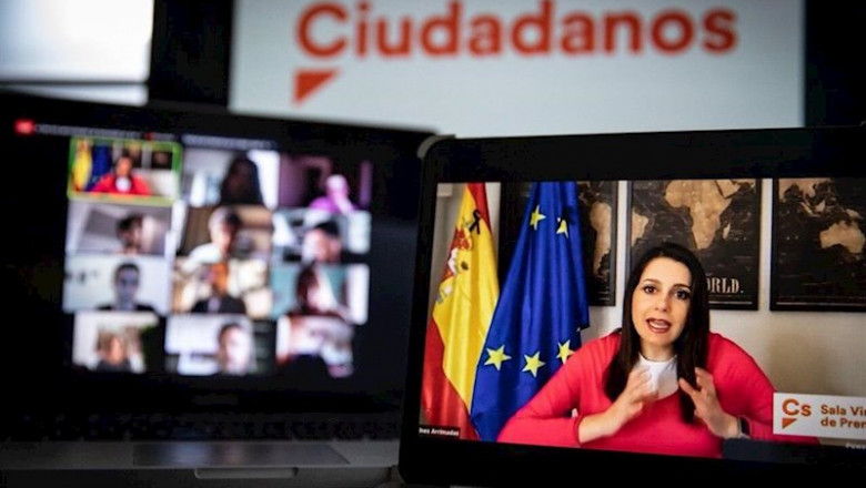 La presidenta de Ciudadanos, Inés Arrimadas, en una rueda de prensa telemática. | CIUDADANOS ep la presidenta de ciudadanos ines arrimadas en una rueda de prensa telematica