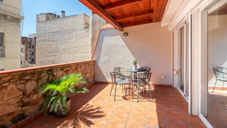 spacious terrace bright sunlight with warm pleasant exterior center is table morning 
