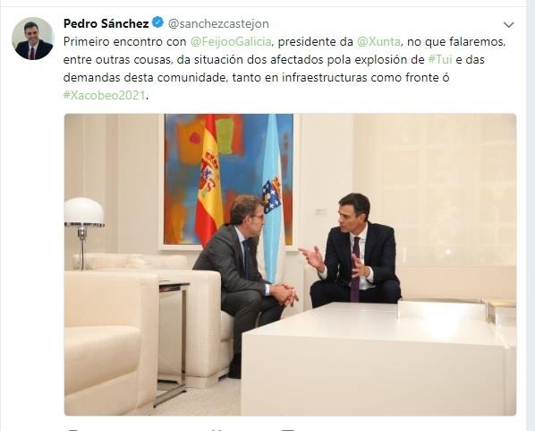 Pedro Sánchez publica un tuit en gallego tras reunirse con Núñez Feijóo | TWITTER PEDRO SÁNCHEZ ep pedro sanchez publicatuitgallegoreunirsenunez feijoo