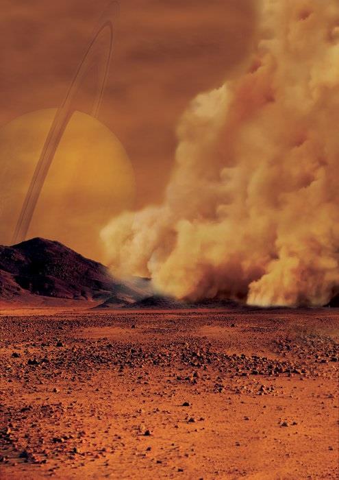 Impresión del artista de una tormenta de polvo en Titán | IPGP/LABEX UNIVEARTHS/UNIVERSITY PARIS DIDEROT – C ep impresionartistauna tormentapolvotitan