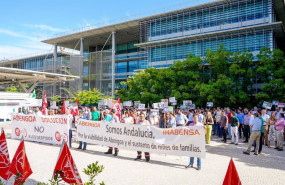 ep trabajadores de los comites de las sociedades de abengoa en la sede de palmas altas en una foto