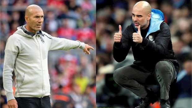 ep zinedine zidane y pep guardiola en fotos de archivo