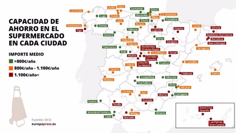 Mapa con capacidad de ahorro anual en el supermercado en ciudades españolas según la OCU | EPDATA ep mapa con capacidad de ahorro anual en el supermercado en ciudades espanolas segun la ocu