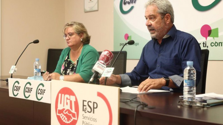 La portavoz de la Central Sindical Independiente y de Funcionarios -CSIF-, Milagros Dorronzoro, y el portavoz de la Federación de empleados de servicios públicos de UGT - Federación de empleados de servicios públicos de UGT- FeSP-UGT-, Gabriel Filipini | Eduardo Parra - Europa Press ep la portavoz de la central sindical independiente y de funcionarios -csif- milagros dorronzoro y
