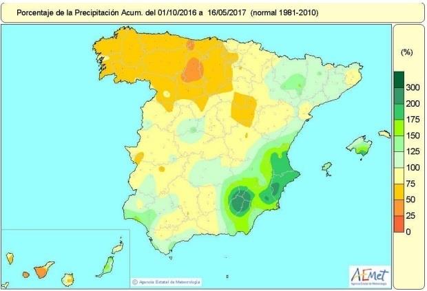 Distribución de las lluvias hasta el 16 de mayo de 2017 | AEMET ep distribucionlas lluvias16mayo2017