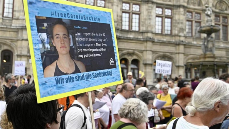 ep 02 july 2019 austria vienna people hold placards duringdemonstration to call on the italian authorities to release sea watch captain carola rackete photo hans punzapadpa