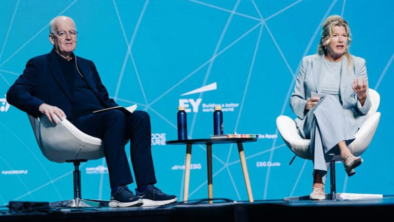 El fundador y embajador de Volans, John Elkington, y la Global Thought Leader de Capital and Tec, Marga Hoek, durante la primera jornada del ESG Summit Europe 2025, en el Teatro Príncipe Pío, a 7 de octubre de 2025, en Madrid (España). | Carlos Luján - Europa Press ep el fundador y embajador de volans john elkington y la global thought leader de capital and tec