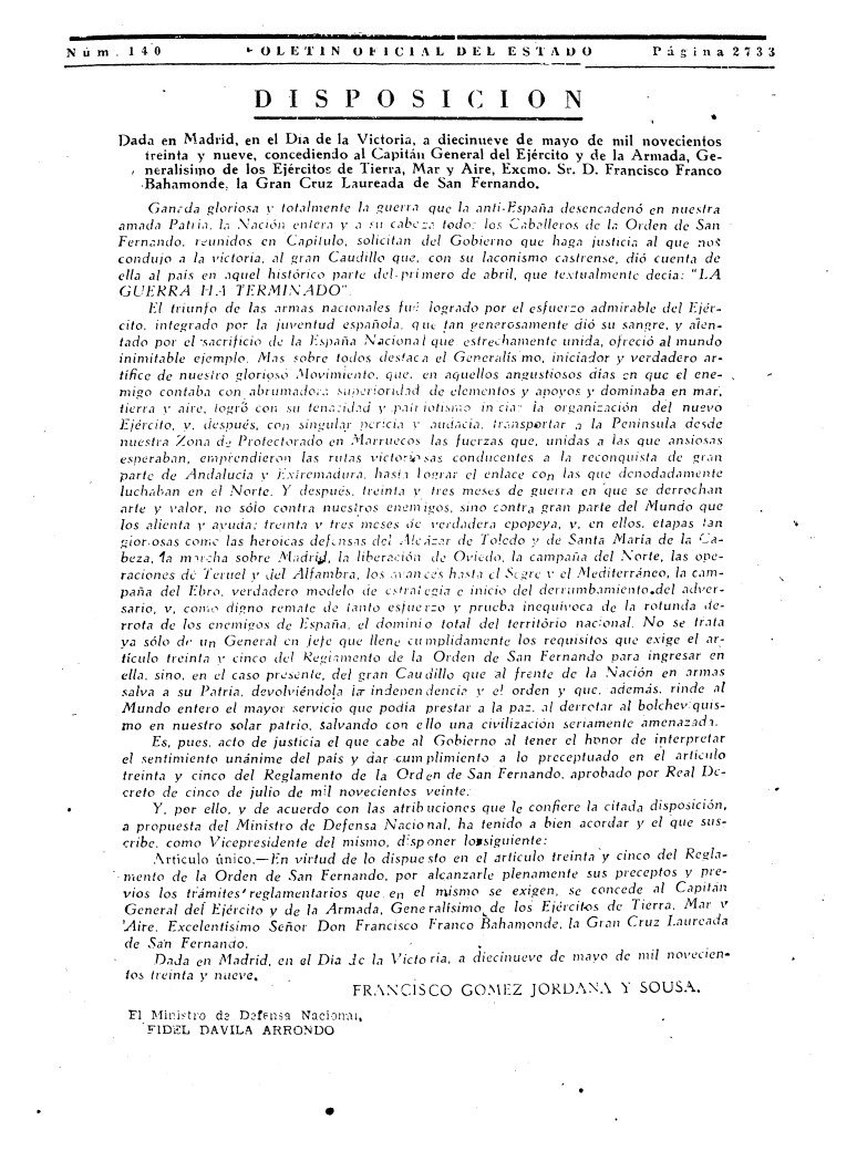ep disposicion publicada en el boletin oficial del estado el 19 de mayo de 1939 por la que se otorga