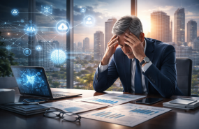 ejecutivo preocupado en oficina futurista 