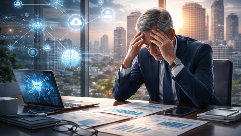 ejecutivo preocupado en oficina futurista 