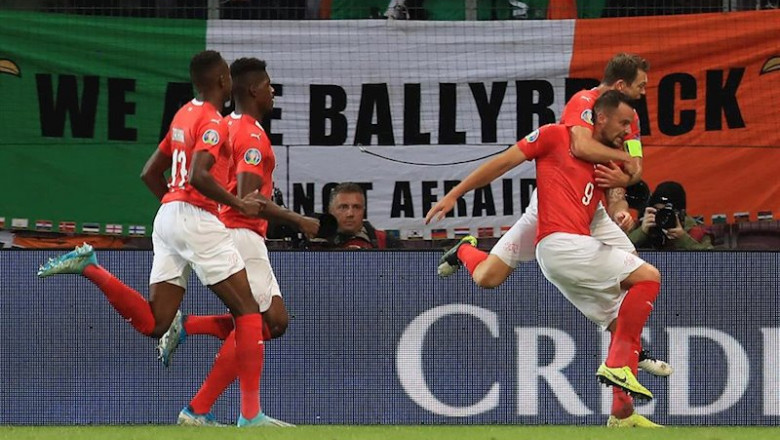 ep 15 october 2019 switzerland geneva switzerlands haris seferovic r celebrates with his teammates
