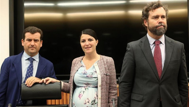 El asesor de VOX en temas de caza, Ricardo Chamorro, y los portavoces parlamentarios del partido, Macarena Olona e Iván Espinosa de los Monteros, en el Congreso | Eduardo Parra - Europa Press ep el asesor de vox en temas de caza ricardo chamorro y los portavoces parlamentarios del partido