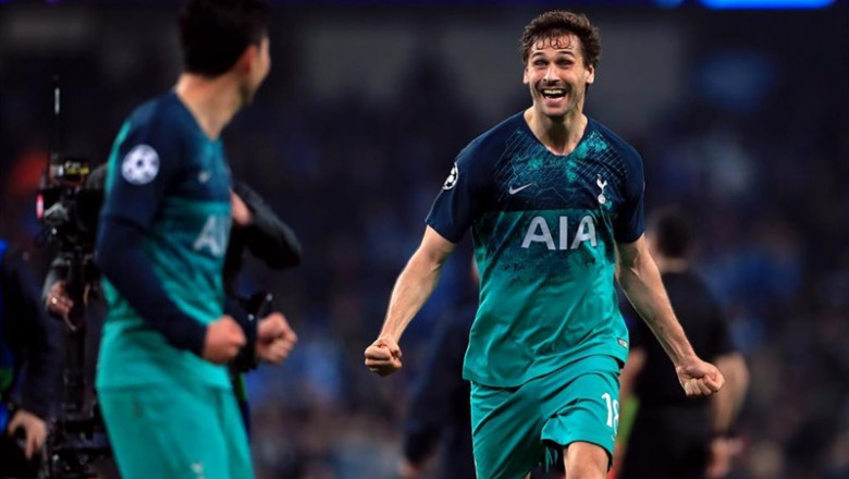 17 April 2019, England, Manchester: Tottenham Hotspur's Fernando Llorente celebrates his team's victiry after the UEFA Champions League quarter-final second leg soccer match between Manchester City and Tottenham Hotspur at the Etihad Stadium. Photo: Mike | Mike Egerton/PA Wire/dpa - Archivo ep 17 april 2019 england manchester tottenham hotspurs fernando llorente celebrates his teams