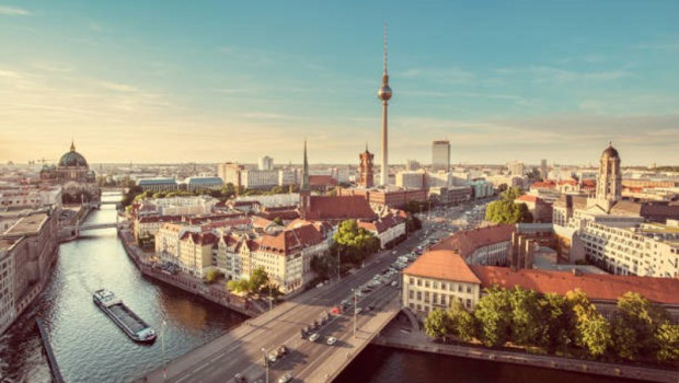 ep aerial view of berlin skyline with famous tv tower and spree river in beautiful evening light at ep aerial view of berlin skyline with famous tv tower and spree river in beautiful evening light at