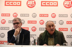 ep el secretario general de ccoo unai sordo i y el de ugt pepe alvarez d durante su intervencion en