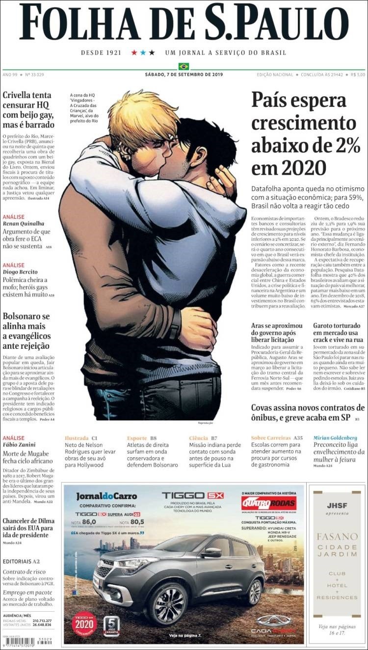 Portada de 'Folha de Sao Paulo' sobre la Bienal del Libro con dos hombres besándose sacada de la portada de un cómic de Marvel: 'Vengadores: la cruzada de los niños'. | FOLHA DE SAO PAULO ep portada de folha de sao paulo sobre la bienal del libro con dos hombres besandose sacada de la