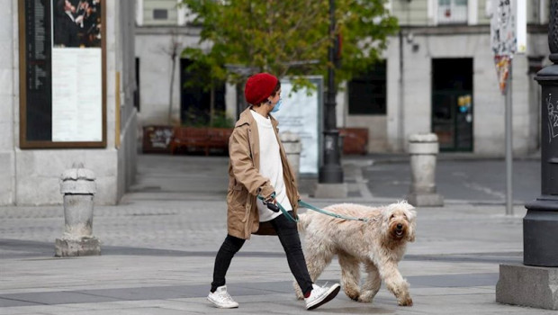 ep una mujer pasea a su perro durante el primer dia de la cuarta semana de estado de alarma