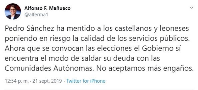 Captura de pantalla del tuit del presidente de la Junta de Castilla y León, Alfonso Fernández Mañueco. | TWITTER ep captura de pantalla del tuit del presidente de la junta de castilla y leon alfonso fernandez