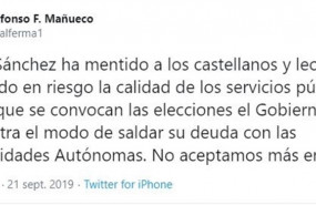 ep captura de pantalla del tuit del presidente de la junta de castilla y leon alfonso fernandez
