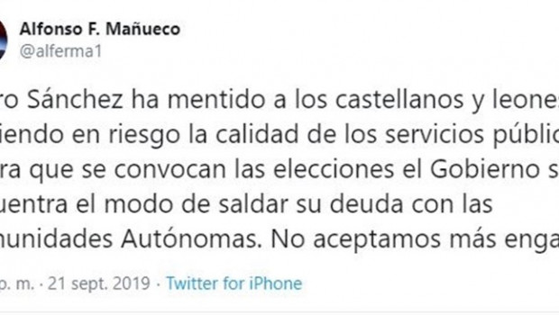 ep captura de pantalla del tuit del presidente de la junta de castilla y leon alfonso fernandez