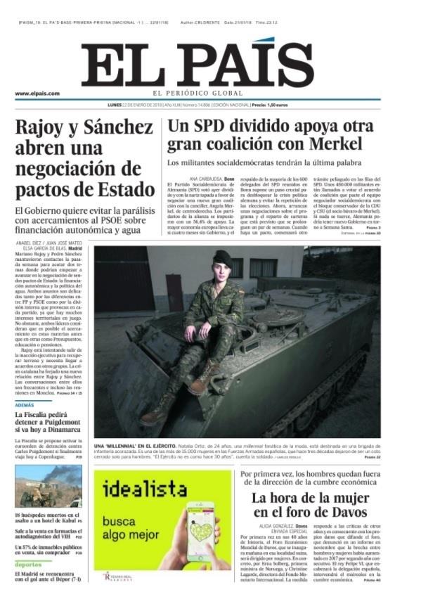 Portada El País del 22 de enero de 2018 | EL PAÍS ep portadapais22enero2018
