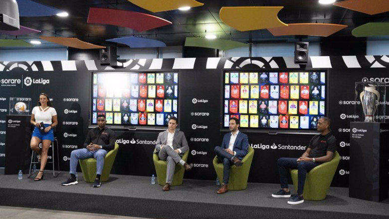ep acto de presentacion del acuerdo entre laliga y sorare con samuel etoo nicolas julia oscar mayo y