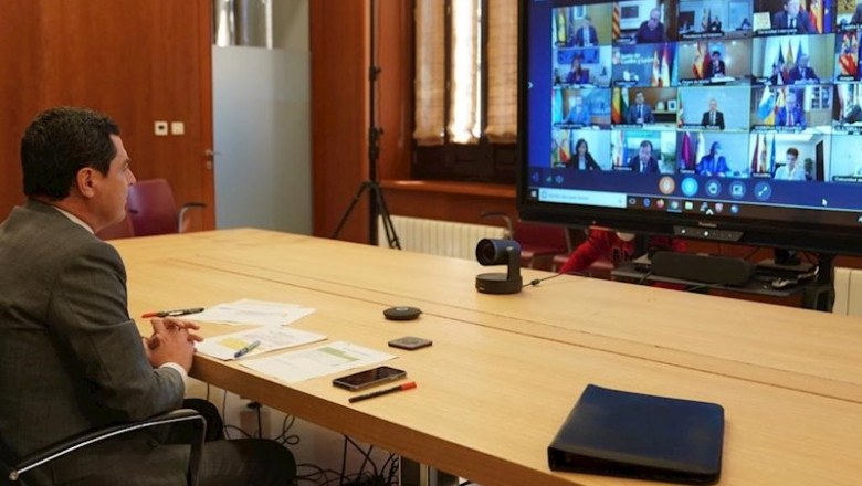El presidente de la Junta de Andalucía, Juanma Moreno, participa este domingo 29 de marzo en la reunión telemática de la Conferencia de Presidentes autonómicos con el presidente del Gobierno, Pedro Sánchez | JUNTA DE ANDALUCÍA ep el presidente de la junta de andalucia juanma moreno participa este domingo 29 de marzo en la
