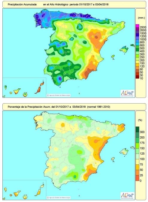 Lluvias acumuladas en España del 1-10-2017 al 3-04-2018 | AEMET ep lluvias acumuladasespana1-10-20173-04-2018