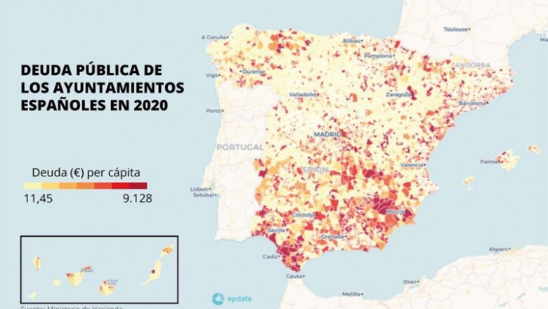 Mapa de la deuda per cápita de los ayuntamientos españoles en 2020 | EPDATA ep mapa de la deuda per capita de los ayuntamientos espanoles en 2020