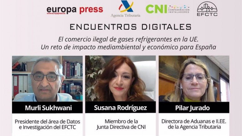 Murli Sukhwani (EFCTC), Susana Rodríguez (CNI) y Pilar Jurado (Departamento de Aduanas de la AEAT) durante su intervención en el Encuentro Digital 'El comercio ilegal de gases refrigerantes en la UE' | EUROPA PRESS ep murli sukhwani efctc susana rodriguez cni y pilar jurado departamento de aduanas de la aeat
