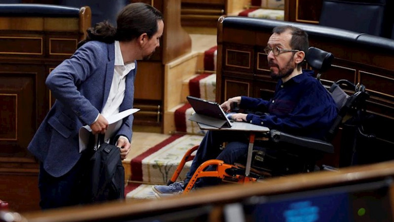 El vicepresidente segundo del Gobierno, Pablo Iglesias, junto al portavoz de Unidas Podemos, Pablo Echenique, en el Pleno del Congreso la semana pasada | Pool ep el vicepresidente segundo del gobierno pablo iglesias junto al portavoz de unidas podemos pablo