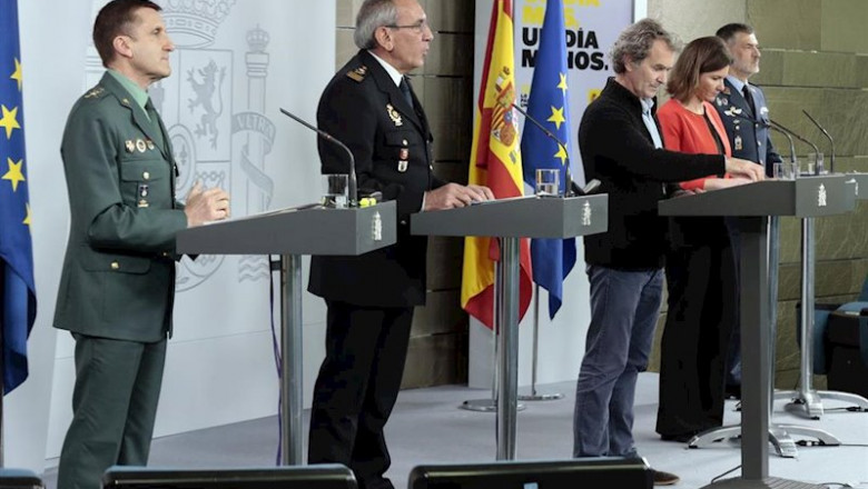 (I-D) El jefe del Estado Mayor de la Guardia Civil, José Manuel Santiago Marín; el DAO de la Policía, José Ángel González; el director del Centro de Coordinación de Alertas y Emergencias Sanitarias del Ministerio de Sanidad, Fernando Simón; la secretaria | Moncloa ep i-d el jefe del estado mayor de la guardia civil jose manuel santiago marin el dao de la policia